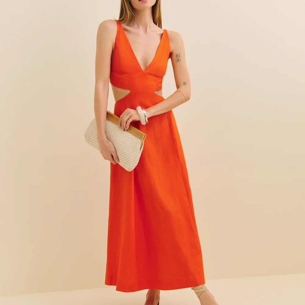 Reformation Samara Linen Dress in Flame-size 6